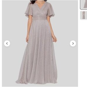 Betsy & Adam Gray Flutter Sleeve V-Neck Gown